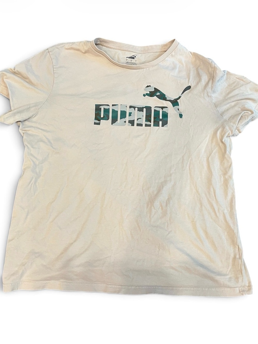 Puma men's large tan Tee with Green Camo Logo tee